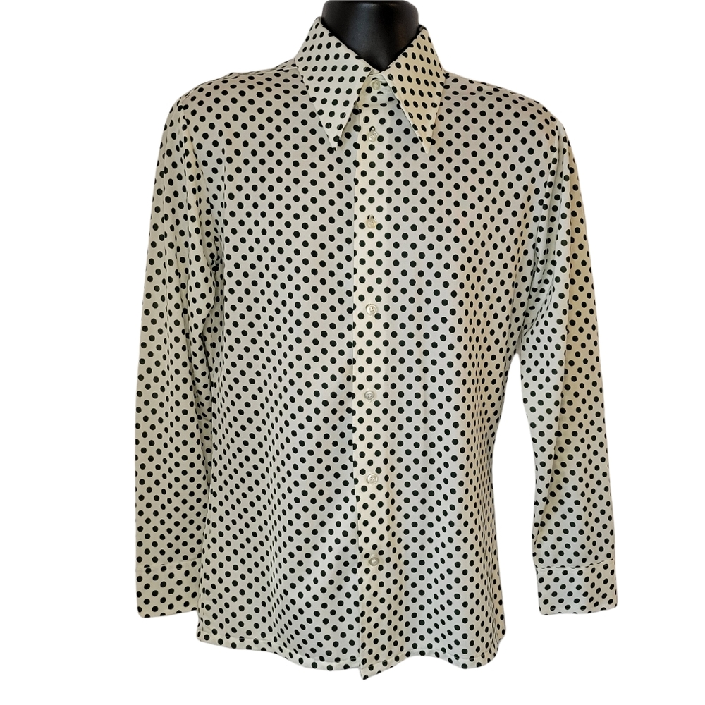 1970s Sears Button Down Shirt Size Medium 100% Polyester Green Polka Dots